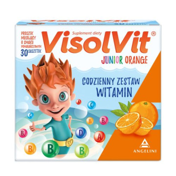 VisolVit Junior Orange, witaminy dla dzieci po 3 r.ż., musujący proszek o smaku pomarańczowym, 30 saszetek