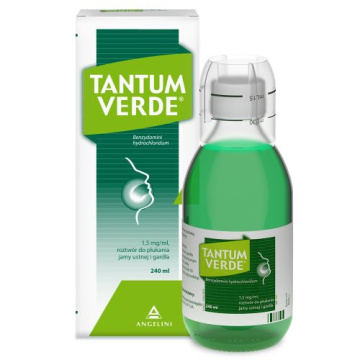 Tantum Verde płyn 1,5 mg/ml, lek na stany zapalne jamy ustnej i ból gardła, roztwór do płukania jamy ustnej i gardła, 240 ml