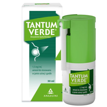 Tantum Verde 1,5 mg/ml, lek na ból gardła i stany zapalne jamy ustnej, aerozol do stosowania w jamie ustnej i gardle, 30 ml