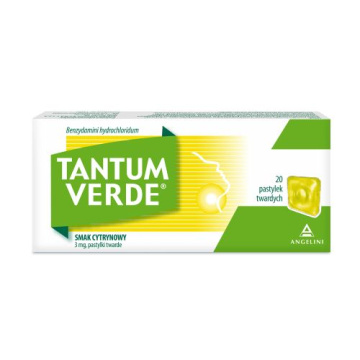 Tantum Verde smak cytrynowy, 3 mg, lek na ból gardła i stany zapalne jamy ustnej, 20 pastylek do ssania
