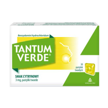 Tantum Verde smak cytrynowy, 3 mg, lek na ból gardła i stany zapalne jamy ustnej, 30 pastylek do ssania