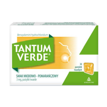 Tantum Verde smak miodowo-pomarańczowy, 3 mg, lek na ból gardła i stany zapalne jamy ustnej, 30 pastylek do ssania