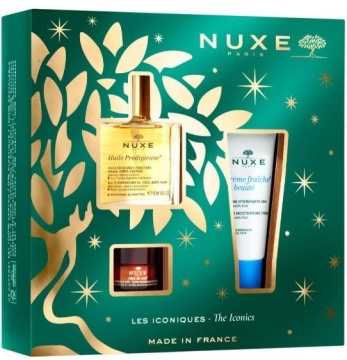 Nuxe Huile Prodigieuse zestaw - wielofunkcyjny suchy olejek do twarzy, ciała i włosów 50 ml + balsam do ust 15 g + krem nawilżający do cery normalnej 30 ml