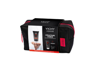 Vichy Homme Structure Force, zestaw krem wzmacniający 50 ml + żel pod prysznic do ciała i włosów 200 ml + kosmetyczka