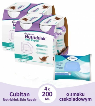 Nutridrink Skin Repair o smaku czekoladowym 8 x 200 ml + TENA Wet Wipes ProSkin chusteczki nawilżane, 48 sztuk