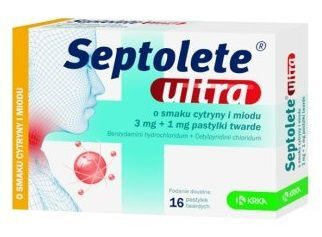 Septolete Ultra (3mg + 1mg), smak cytryny i miodu, 16 pastylek twardych
