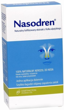 Nasodren aerozol do nosa, 1 zestaw (50 mg liofilizat + 5 ml rozpuszczalnik + dozownik)