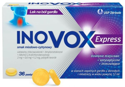 Inovox Express miodowo-cytrynowy łagodzenie bólu gardła, 36 pastylek