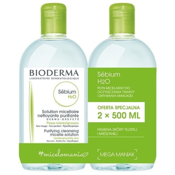 Bioderma Sebium H2O, antybakteryjny płyn micelarny do oczyszczania twarzy, dwupak, 2 x 500 ml
