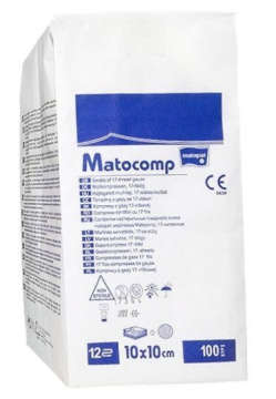 Matocomp, Kompresy gazowe niejałowe, 17-nitkowe, 12-warstwowe, 10 x 10cm, 100 szt