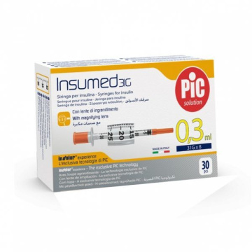 PIC Insumed 0,3 ml 31 G 8 mm strzykawki insulinowe z powiększeniem, 30 sztuk