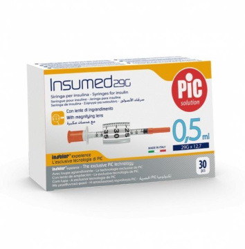 PIC Insumed 0,5 ml 29 G 12,7 mm strzykawki insulinowe z powiększeniem, 30 sztuk