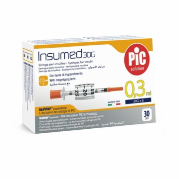 PIC Insumed 0,3 ml 30 G 8 mm strzykawki insulinowe z powiększeniem, 30 sztuk