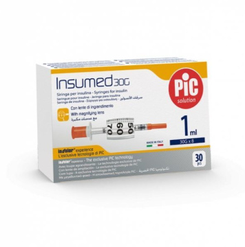 PIC Insumed 1,0 ml 30 G 8 mm strzykawki insulinowe z powiększeniem, 30 sztuk