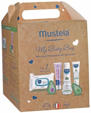 Mustela My Baby Bag promocyjny zestaw - krem do przewijania 1>2>3 50 ml + Hydra Bebe krem do twarzy 40 ml + żel do mycia 200 ml + chusteczki oczyszczające x 25 szt