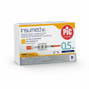 PIC Insumed 0,5 ml 31 G 8 mm strzykawki insulinowe z powiększeniem, 30 sztuk