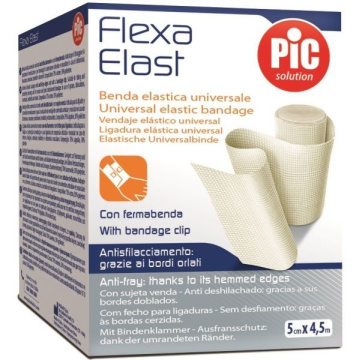 PIC FlexaElast, bandaż elastyczny o średnim ucisku, 5 cm x 4,5 m ze spinką, biały, 1 sztuka