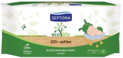 SEPTONA ECOLIFE Chusteczki nawiżane bawełniane biodegradowalne 100% 60 sztuk
