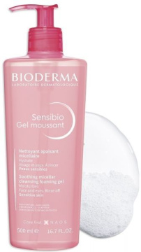 Bioderma Sensibio Gel Moussant, łagodzący żel micelarny do oczyszczania twarzy o działaniu nawilżającym, 500 ml