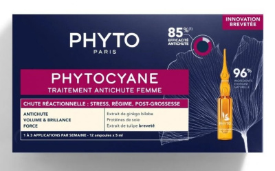 Phyto phytocyane, kuracja przeciw reakcyjnemu wypadaniu włosów dla kobiet, 12 amp x 5 ml