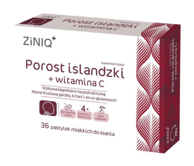 Ziniq Porost islandzki + Witamina C, smak wiśniowy, 36 pastylek do ssania