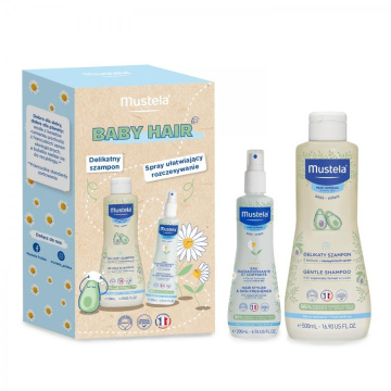 Mustela, promocyjny zestaw Baby Hair, szampon 500 ml, spray ułatwiający rozczesywanie 200 ml