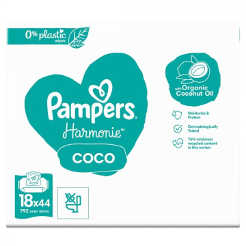 Pampers Harmonie Coco, chusteczki nawilżane, 18 x 44 sztuki (0% plastic)