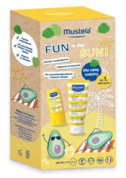 Mustela Fun In The Sun, od urodzenia, mleczko przeciwsłoneczne do twarzy i ciała SPF 50+, 100 ml + sztyft przeciwsłoneczny SPF50, 9 ml