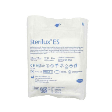 Kompresy z gazy bawełnianej Sterilux ES, jałowe, 17 nitkowe, 8-warstwowe, 7,5cmx7,5cm, 10 sztuk