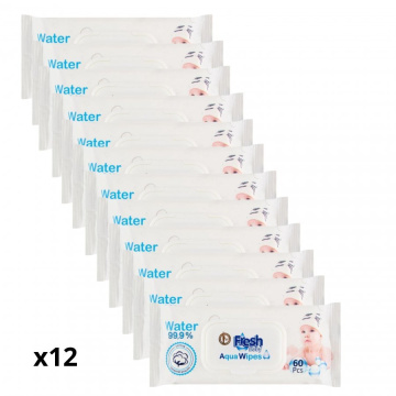 Aqua Wipes Fresh Baby, chusteczki nawilżane wodą 12 x 60 sztuk (12-pack)