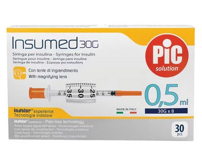 PIC Insumed 0,5 ml 30 G 8 mm strzykawki insulinowe z powiększeniem, 30 sztuk
