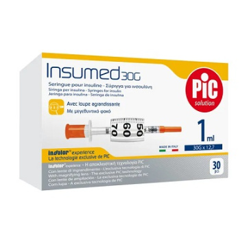 PIC Insumed 1,0 ml 30 G 12,7 mm strzykawki insulinowe z powiększeniem, 30 sztuk