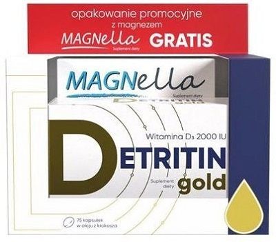 Detritin Gold D3 2000J., 75 kapsułek + Magnella, magnez i witamina B6, 42 tabletki