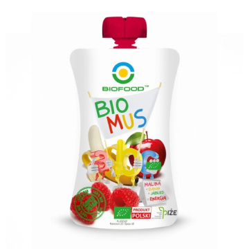 BIO FOOD Bio Mus malina + banan + jabłko, ekologiczny mus owocowy, 90 g