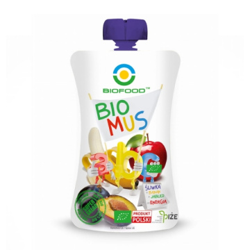 BIO FOOD Bio Mus śliwka + banan + jabłko, ekologiczny mus owocowy, 90 g