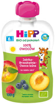 HiPP BIO ekologiczny mus owocowy po 6. miesiącu jabłka-brzoskwinie-owoce leśne, 100 g