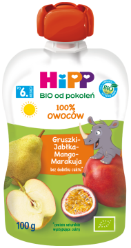 HiPP BIO mus owocowy 100% po 6. miesiącu gruszki-jabłka-mango-marakuja, 100 g