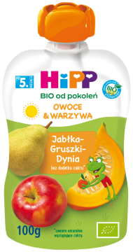 HiPP BIO mus owocowo-warzywny, po 5. miesiącu jabłko-gruszka-dynia, 100 g