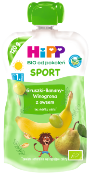 HiPP BIO Sport ekologiczny mus owocowy po 1. roku gruszki-banany-winogrona z owsem 120 g