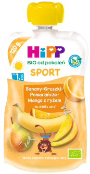 HiPP BIO Sport ekologiczny mus owocowy po 1. roku banany-gruszki-pomarańcze-mango z ryżem, 120 g