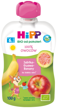 HiPP BIO 100% ekologiczny mus owocowy dla dzieci po 6. miesiącu jabłka-guawa-banany, 100 g
