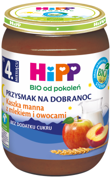 HiPP BIO kaszka manna z mlekiem i owocami dla dzieci po 4. miesiącu 190 g PRZYSMAK NA DOBRANOC