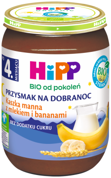 HiPP BIO kaszka manna z mlekiem i bananami dla dzieci po 4. miesiącu 190 g PRZYSMAK NA DOBRANOC