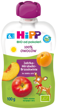 HIPP BIO - mus owocowy jabłko, brzoskwinia i mirabelka po 6 miesiącu życia, 100 g