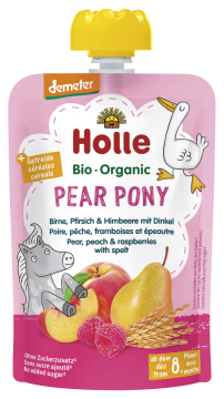 HOLLE BIO Organic Gruszka Brzoskwinia Maliny z orkiszem mus dla dzieci od 8. miesiąca, 100 g