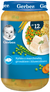 GERBER obiadek rybka z marchewką groszkiem i kluseczkami dla dzieci po 12. miesiącu, 250 g
