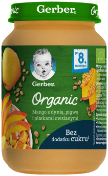 GERBER Organic mango z dynią pigwą z i płatkami owsianymi dla niemowląt po 8. miesiącu, 190 g