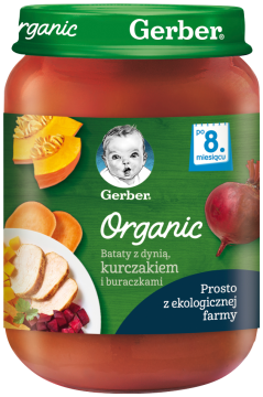 GERBER Organic obiadek bataty z dynią kurczakiem i buraczkami dla niemowląt po 8. miesiącu, 190 g