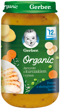 GERBER Organic obiadek jarzynki z kurczakiem i ryżem dla dzieci po 12. miesiącu, 250 g
