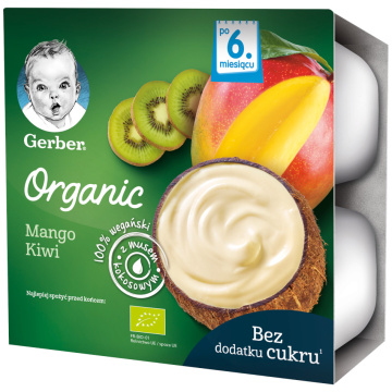 GERBER Organic Deserek mango kiwi z musem kokosowym dla niemowląt po 6. miesiącu 360 g (4 x 90 g)